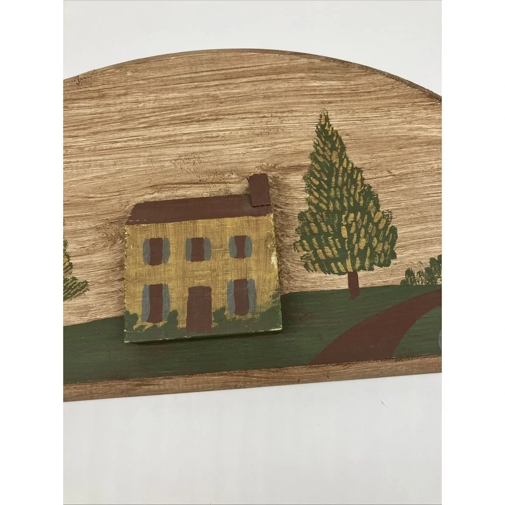 Hand Painted Half Moon Country Scene Wooden‎ Wall Hanging Primitive 3D Folk Art